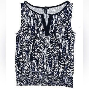 WHBM Abstract Print Sleeveless Smocked Tassel Top Blouse Sz M